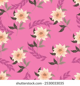 Elegance pink floral stems seamless pattern on a grey background. Vector hand drawn. Artistic, abstract flowers and tiny leaves, buds bells printing. Template for designs, fabric, fashion, textile