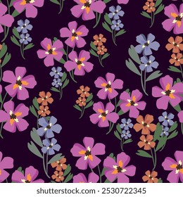 Elegance pink floral stems seamless pattern on a grey background. Vector hand drawn. Artistic, abstract flowers and tiny leaves, buds bells printing. Template for designs, fabric, fashion, textile