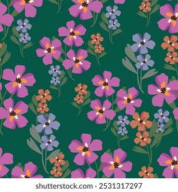 Subgrupos florales rosados elegantes sin patrón sobre un fondo gris. Vector dibujado a mano. Flores artísticas, abstractas y hojas diminutas, botones de impresión de campanas. Plantilla para diseños, tela, moda, textil