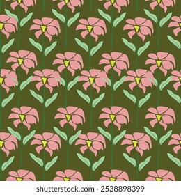 Elegance pink floral stems seamless pattern on a grey background. Vector hand drawn. Artistic, abstract flowers and tiny leaves, buds bells printing. Template for designs, fabric, fashion, textile