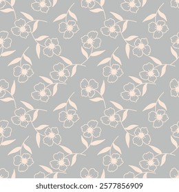 Elegance pink floral stems seamless pattern on a grey background. Vector hand drawn. Artistic, abstract flowers and tiny leaves, buds bells printing. Template for designs, fabric, fashion