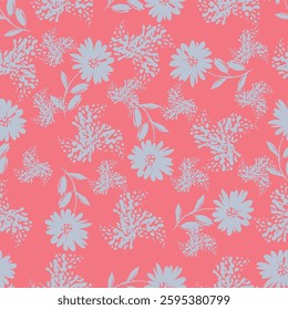 Elegance pink floral stems seamless pattern on a grey background. Vector hand drawn. Artistic, abstract flowers and tiny leaves, buds bells printing. Template for designs, fabric, fashion, textile