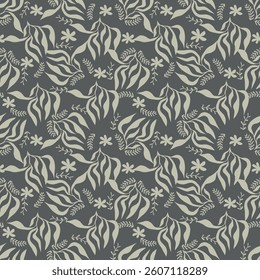 Elegance pink floral stems seamless pattern on a grey background. Vector hand drawn. Artistic, abstract flowers and tiny leaves, buds bells printing. Template for designs, fabric, fashion, textile