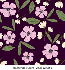 Elegance pink floral stems seamless pattern on a grey background. Vector hand drawn. Artistic, abstract flowers and tiny leaves, buds bells printing. Template for designs, fabric, fashion, textile