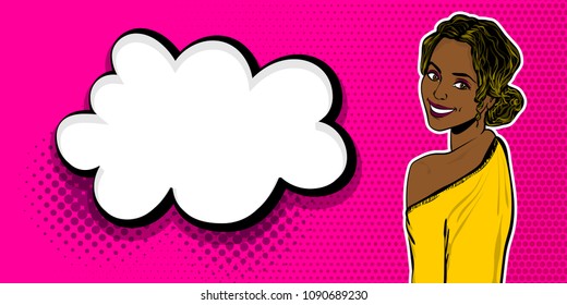 Elegance Pop Art Woman Wow Face Look Back. Black Sporty Happy African Girl. Comic Text Speech Bubble Vector Illustration. Summer Party Poster Advertisement. Retro Vintage Cartoon Style.