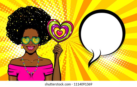 Elegance pop art woman wow face. Black african girl in t-shirt and glasses hold candy lollipop heart shape. Comic text speech bubble. 