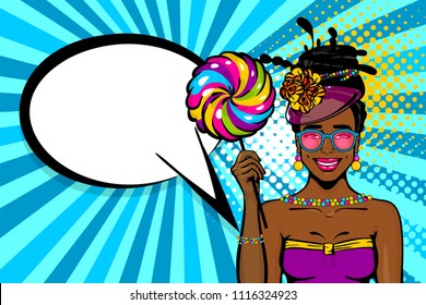 Elegance pop art woman wow face. Black african girl in dress, hat and glasses hold candy lollipop. Comic text speech bubble. 