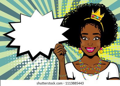 Elegance Princess Pop Art Princess Woman Wow Face. Black Afro Happy Girl Queen In Crown Hold Empty Speech Bubble. Comic Text Balloon Box. 