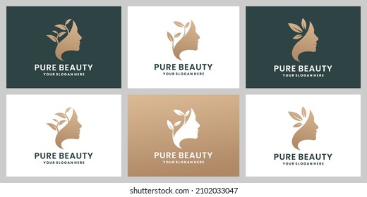 elegance pure beauty logo design collection. woman and leaf combine with golden color