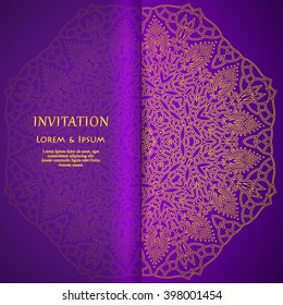 elegance purple card with golden lace ornament, for greeting, invitation card, or cover. Vector illustration