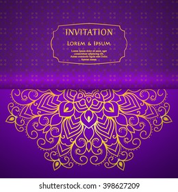 elegance purple card with golden lace ornament, for greeting, invitation card, or cover. Vector illustration