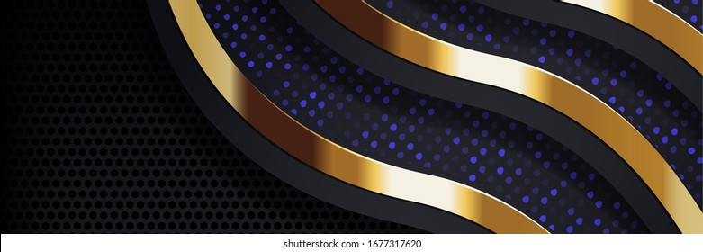 Elegance purple glitter elements and luxury gold lines in dark black background with geometric pattern. Trendy banner shapes design . Modern digital abstract vector 