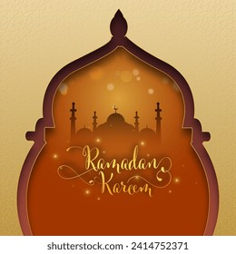 Elegance Ramadan Kareem Card Design with Paper Cut Mosque on Shiny Brown Light Effect Background.