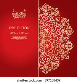 elegance red card with golden lace ornament, mandala, for greeting, invitation card, or cover. Vector illustration