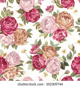 Elegance retro seamless pattern in vintage style with Pink Peonies flowers