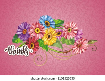 Elegance retro vector illustration with spring flowers Gerbera on light background. Invitation vintage postcard with a beautiful hand-drawing bouquet. Floral template for congratulation design