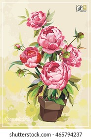Elegance retro vector illustration with spring watercolor flower peony in brown pot on light background, eps8