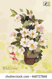 Elegance retro vector illustration. Spring flowers Cherry plant in a brown ceramic pot on light background, eps8