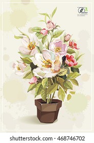 Elegance retro vector illustration. Spring flowers Cherry plant in a brown ceramic pot on light background, eps8