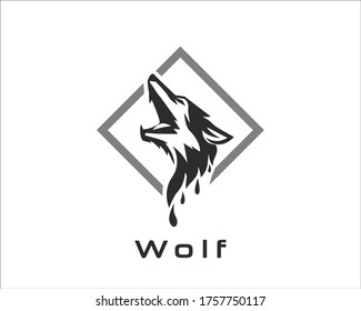 elegance roaring head wolf in square line logo, symbol design illustration