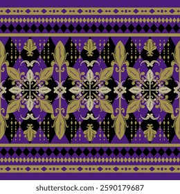 Elegance Rococo Motif Scroll Ornament of Golden Shades on Violet Background Fleur de lis Geometry Border Pattern Design for Luxury interior Fabrics Texture Wallpaper Opulence Detailed Silk Embroidery