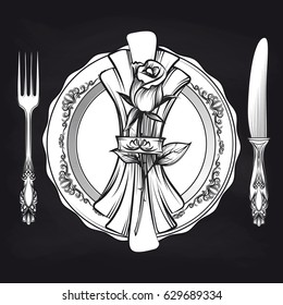Elegance romantic table setting with plate, fork, knife, napkin, rose on blackboard. Vector illustration