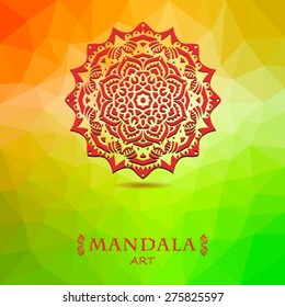 elegance round lace ornament over triangle, polygon background, mandala, vector illustration.