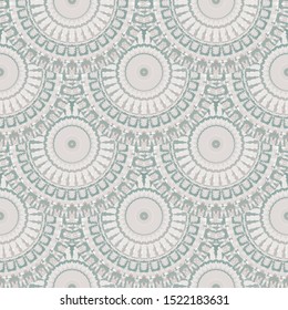 Elegance round mandalas seamless pattern. Vector ornamental tiles background in pastel colors. Grunge abstract tiled circles deco ornament. Repeat decorative ornate backdrop. Delicate light design.