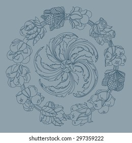 Elegance round ornament, wreath made of hand drawn leaves and fruits. Horn of plenty. Outline fruits and vegetables arranged on a circle. Vector medallion