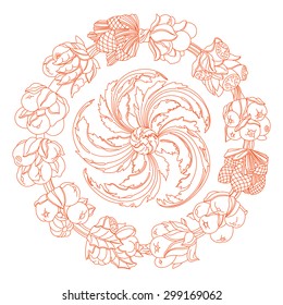 Elegance round ornament, wreath made of hand drawn leaves and fruits. Horn of plenty. Outline fruits and vegetables arranged on a circle. Vector medallion