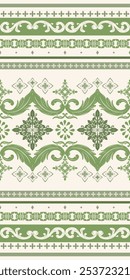 Bordado verde brocado de la decoración real de la elegancia en el Vector inconsútil beige del modelo. Rizo de la raya ornamentada con flores y hojas inspiradas en la forma de Naturaleza para el borde de lujo de diseño rico. Cubierta de seda artesanal