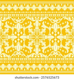 Elegance Royal Gold Scroll Ornament Seamless Border Pattern on Yellow Background Elaborate Florals Geometric Brocade Embroidery Silk Weaves Luxury Design Classy Expensive Mood Haute Couture Decoration