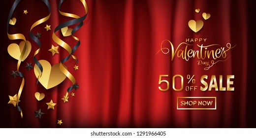 Elegance sale wide banner design for Valentines day wallpaper, background, Gold glitter calligraphy on red silk cloth background with copy space, Heart ornamental decorative. Vector illustration.