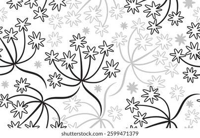Elegance Seamless black and white pattern, branches, flowers and leaves