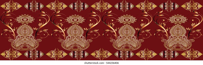 Elegance seamless border. Vector floral seamless pattern background wallpaper with vintage decorative gold 3d paisley flowers, leaves and antique ornaments. Endless elegant rich texture.