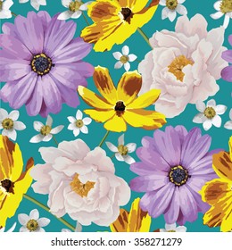 Elegance seamless color flower pattern on the blue background. Background for web pages, wedding invitations, save the date cards. Flower vector background. EPS 10 vector.