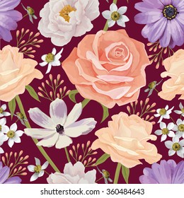 Elegance seamless color flower pattern with roses. Background for web pages, wedding invitations, save the date cards. Flower vector background. EPS 10 vector.