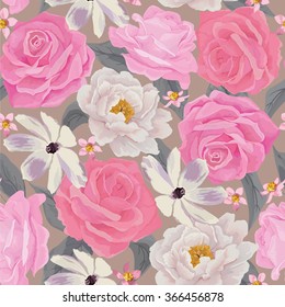 Elegance seamless color flower pattern with roses and peonies. Background for web pages, wedding invitations, save the date cards. Flower vector background. EPS 10 vector.