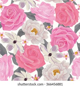 Elegance seamless color flower pattern with roses and peonies. Background for web pages, wedding invitations, save the date cards. Flower vector background. EPS 10 vector.