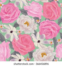 Elegance seamless color flower pattern with roses and peonies. Background for web pages, wedding invitations, save the date cards. Flower vector background. EPS 10 vector.