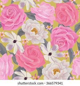 Elegance seamless color flower pattern with roses and peonies. Background for web pages, wedding invitations, save the date cards. Flower vector background. EPS 10 vector.