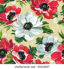 Elegance Seamless color flowers pattern on beige background, vector illustration