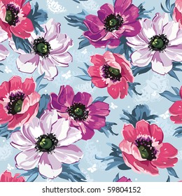 Elegance Seamless color flowers pattern on blue background, vector illustration