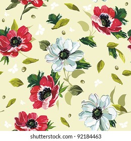 Elegance Seamless color flowers pattern on green background, vector illustration