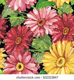 Elegance Seamless color Gerbera pattern on black background