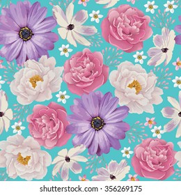 Elegance Seamless color peony pattern on the blue background. Background for web pages, wedding invitations, save the date cards. Flower vector background. EPS 10 vector.