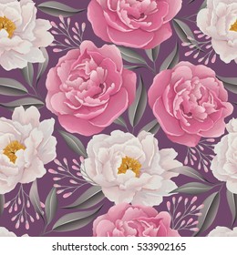 Elegance Seamless color peony pattern on the purple background. Background for web pages, wedding invitations, save the date cards. Flower vector background. EPS10 vector.