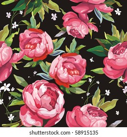 Elegance Seamless color peony pattern on black background, vector illustration