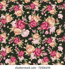 Elegance Seamless color peony pattern on black background, vector illustration