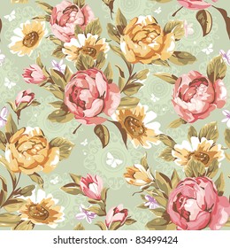 Elegance Seamless color peony pattern on green background, vector illustration